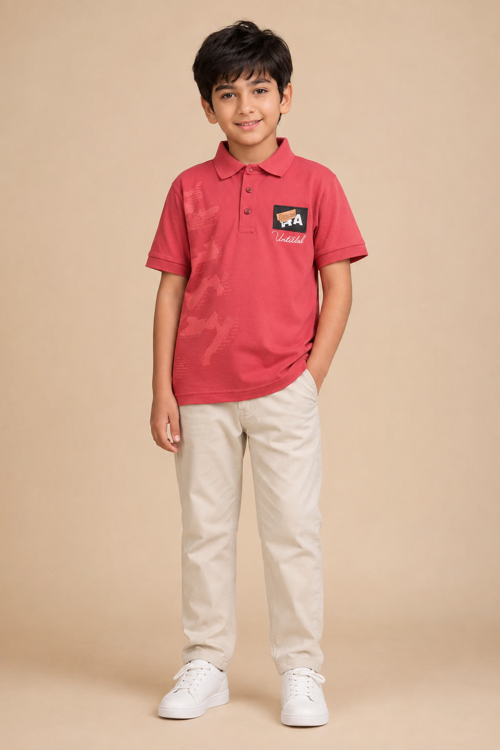 Boys coral red printed cotton polo T-shirt – front view