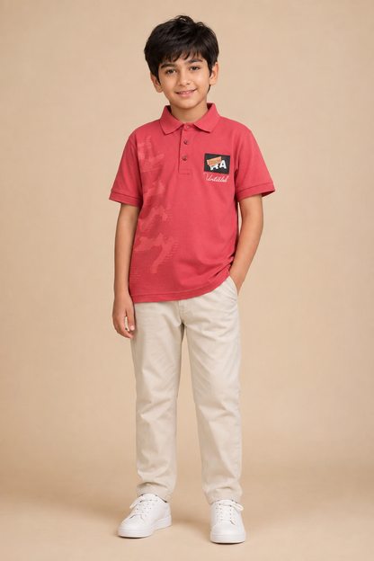 Boys coral red printed cotton polo T-shirt – front view