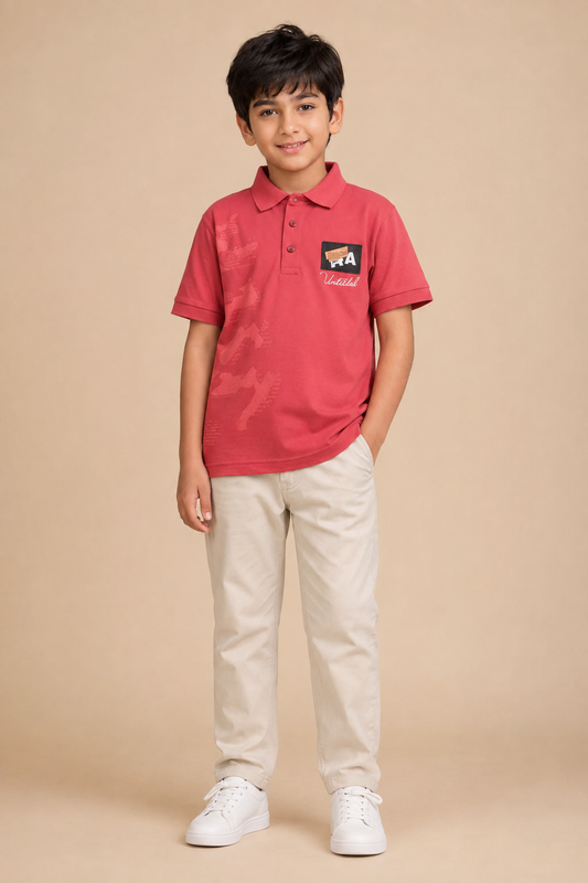 Boys coral red printed cotton polo T-shirt – front view