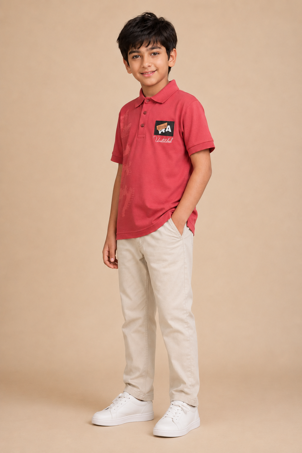 Boys coral red printed cotton polo T-shirt – side view