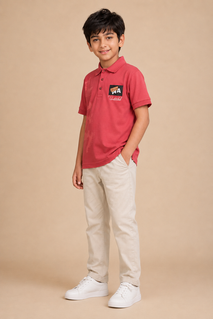 Boys coral red printed cotton polo T-shirt – side view