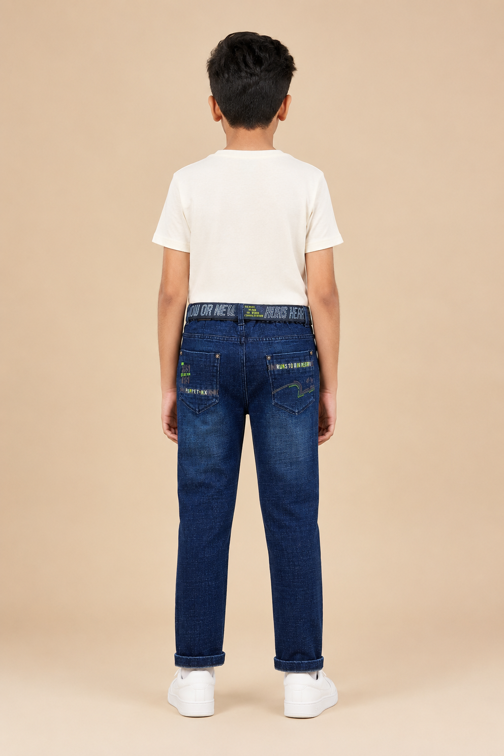 Boys dark blue printed denim jeans with belt – back view