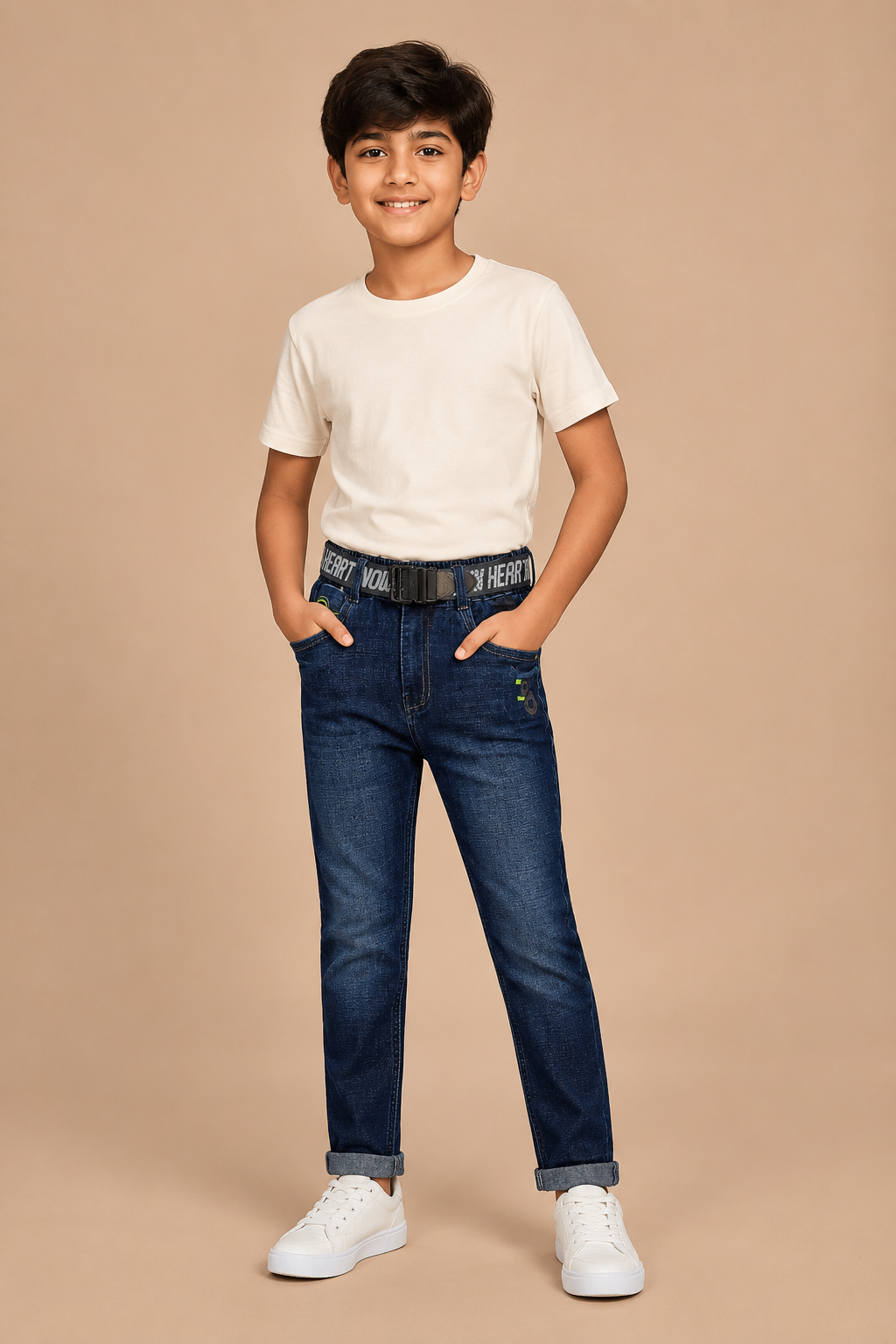 Boys dark blue printed denim jeans with belt – front view