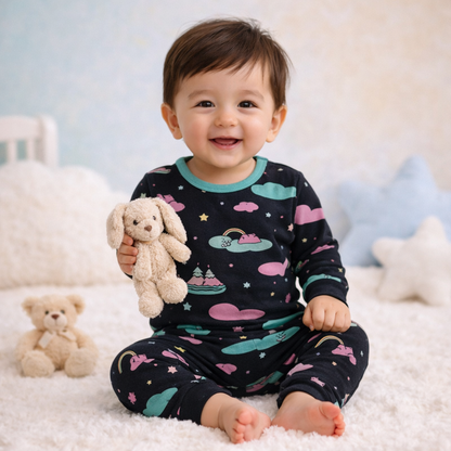 Dark Olive Green dreamscape print baby lounge set front view