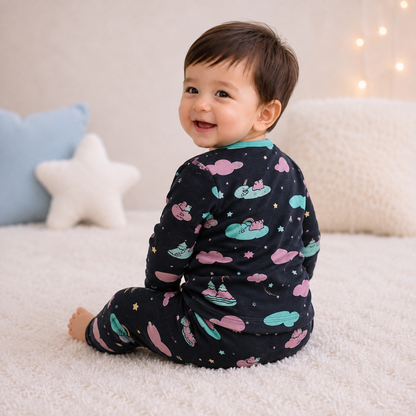 Dark Olive Green dreamscape print baby lounge set rear view
