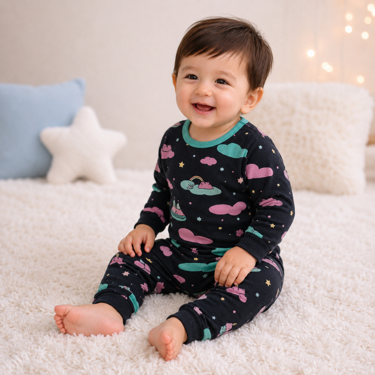 Dark Olive Green dreamscape print baby lounge set side view