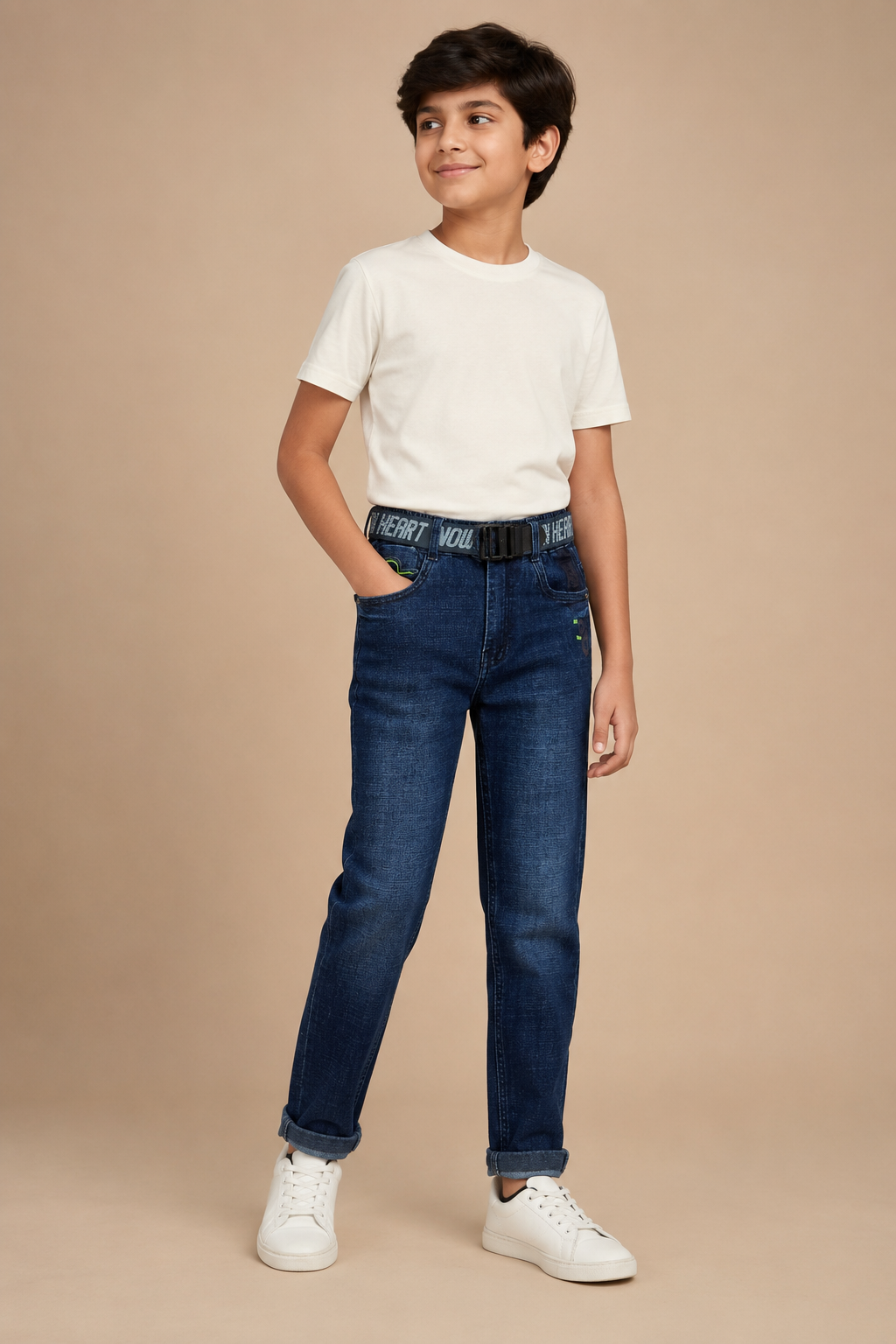 Boys dark blue printed denim jeans with belt – side view