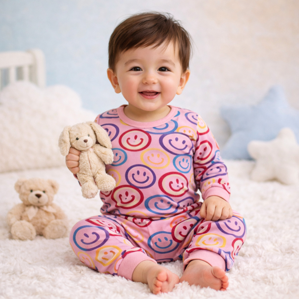 Dusky Pink smiley print baby lounge set front view