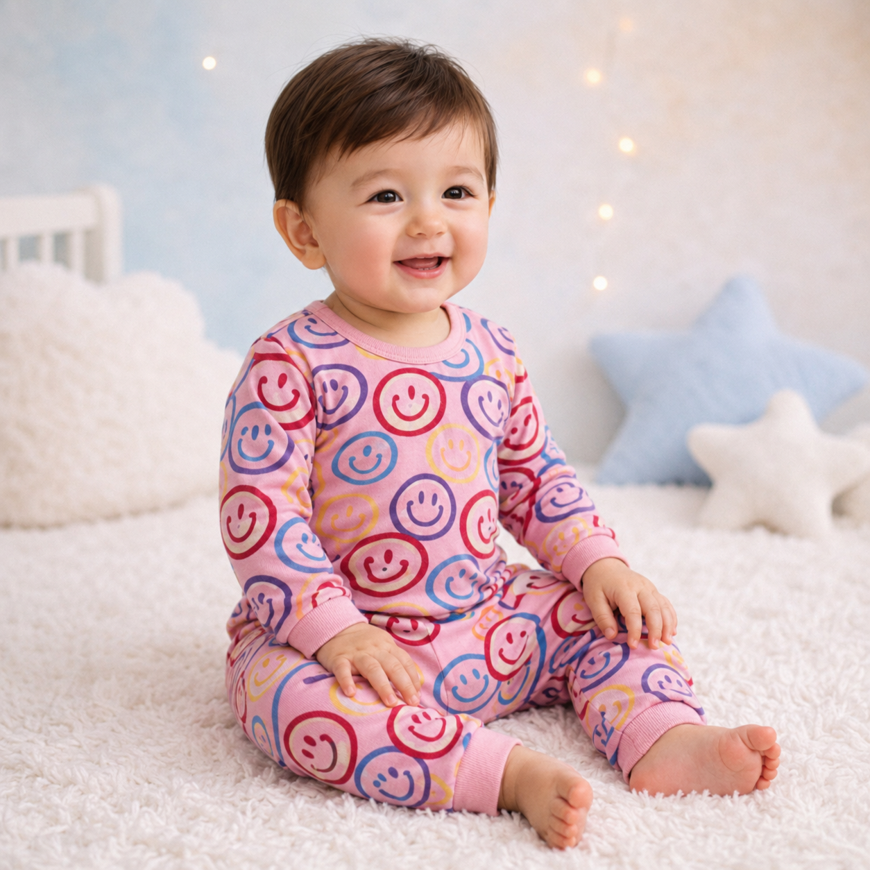 Dusky Pink smiley print baby lounge set side view