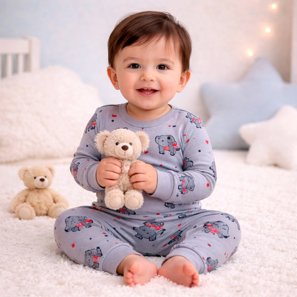 Dusty Blue koala print baby lounge set front view