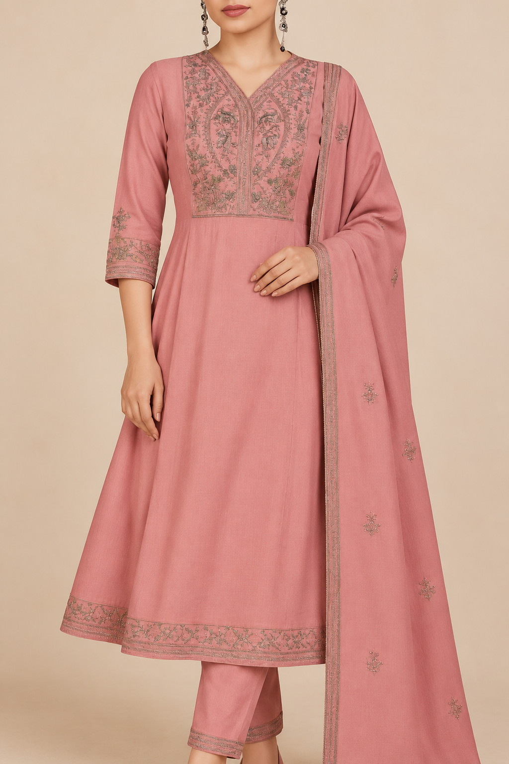 Dusty rose salwar suit embroidered yoke, cuff, hem and motif dupatta – detail view