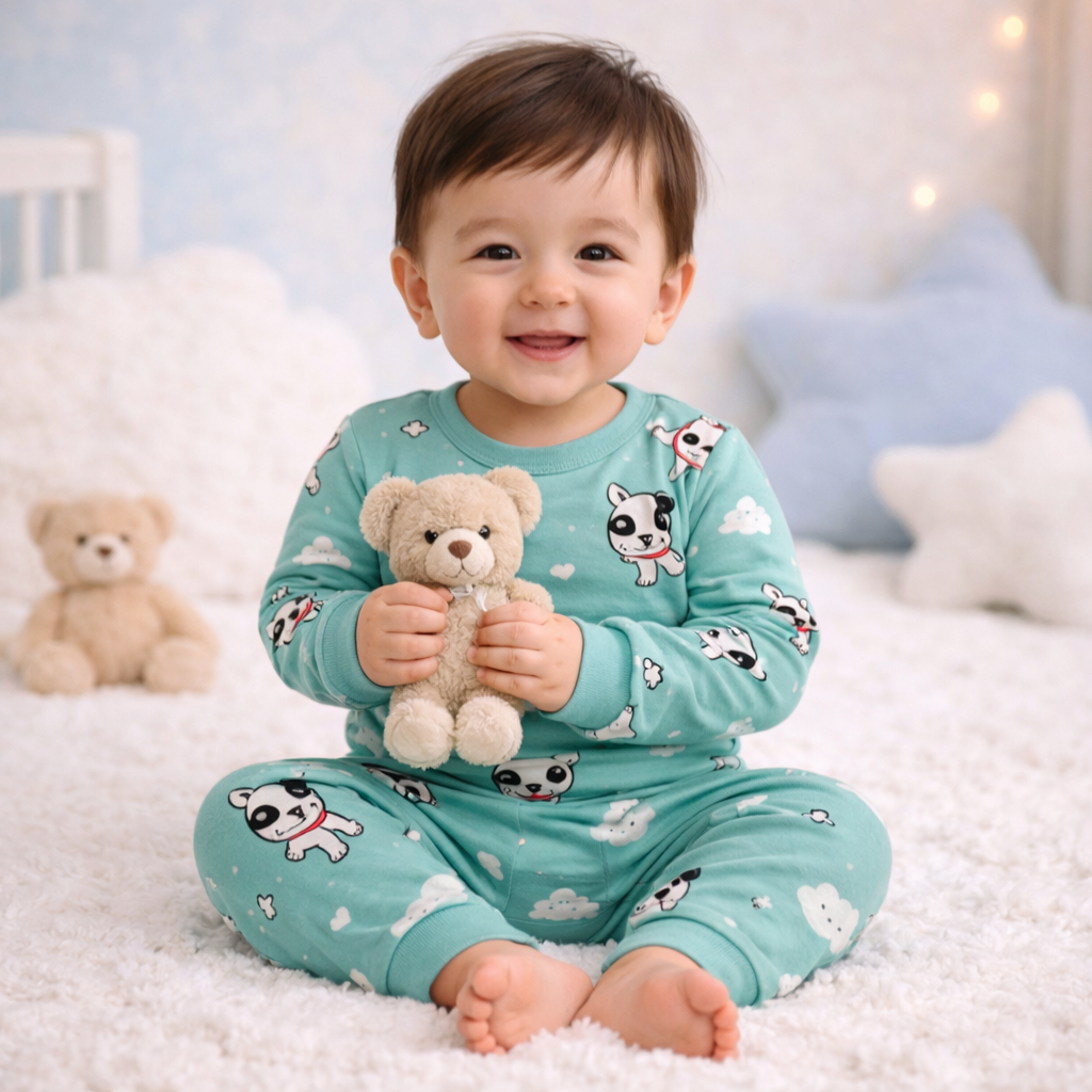 Earthy Green animal print baby lounge set front view