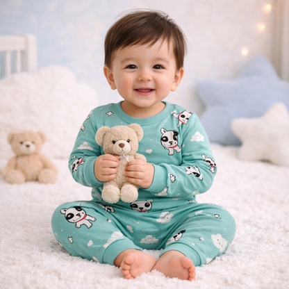Earthy Green animal print baby lounge set front view