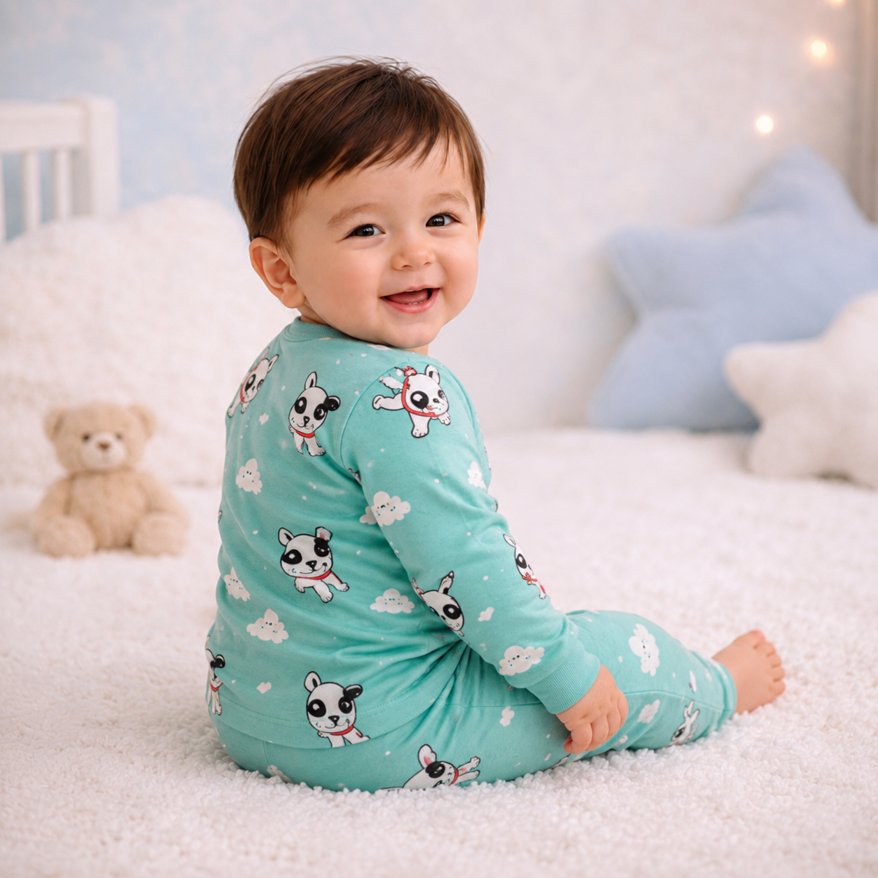 Earthy Green animal print baby lounge set rear view