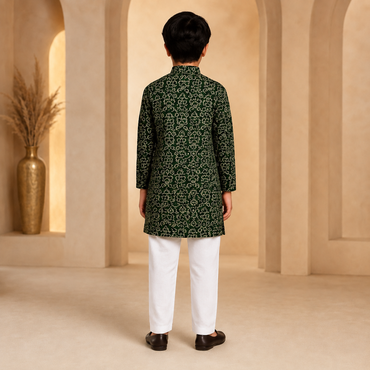 Festive green printed boys kurta pajama set – back view