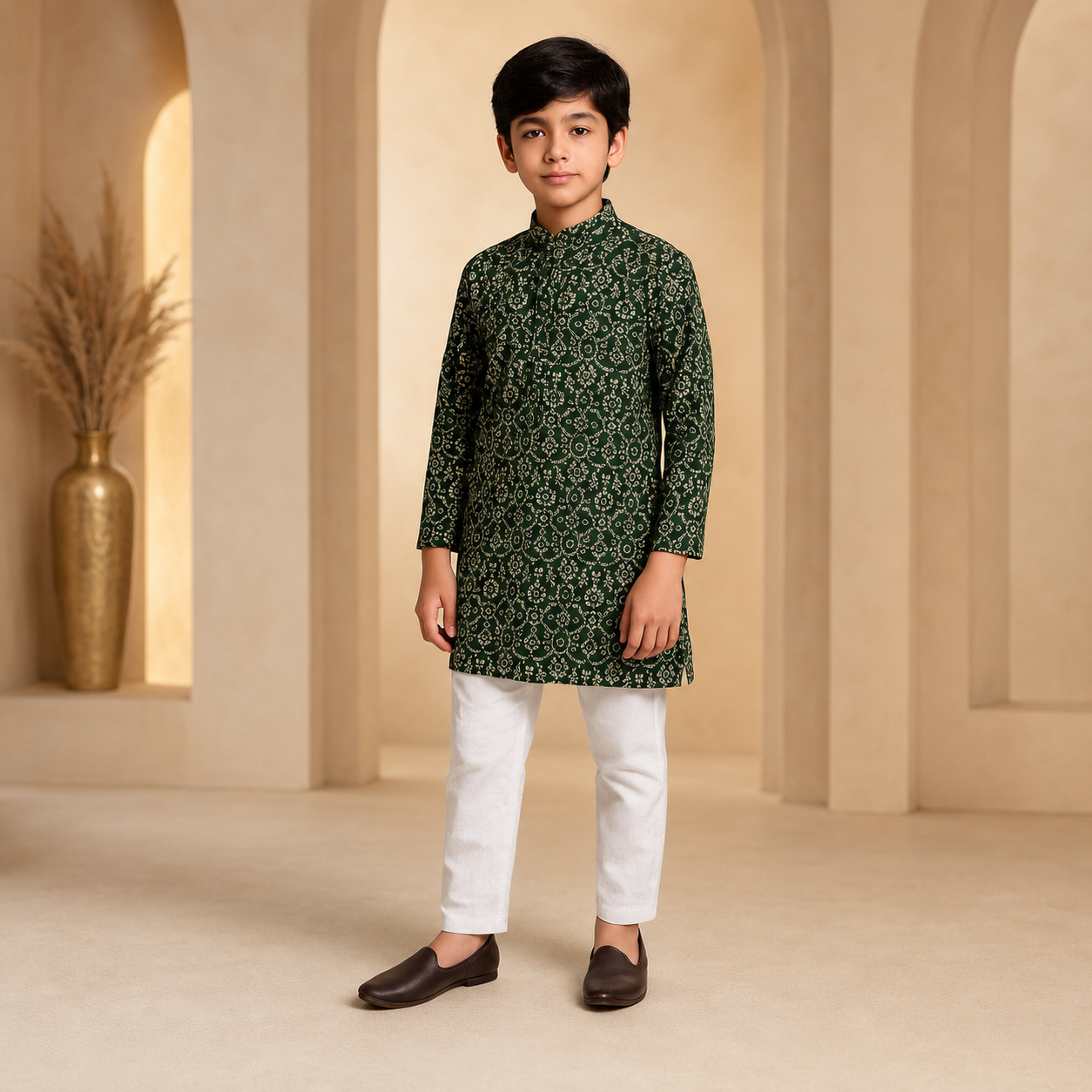 Festive green printed boys kurta pajama set – front view
