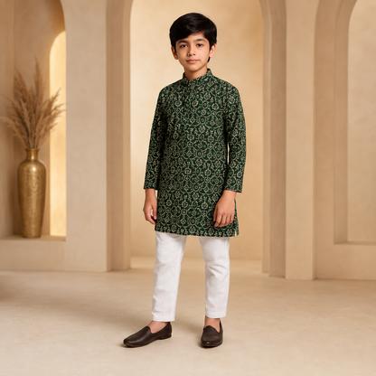 Festive green printed boys kurta pajama set – front view
