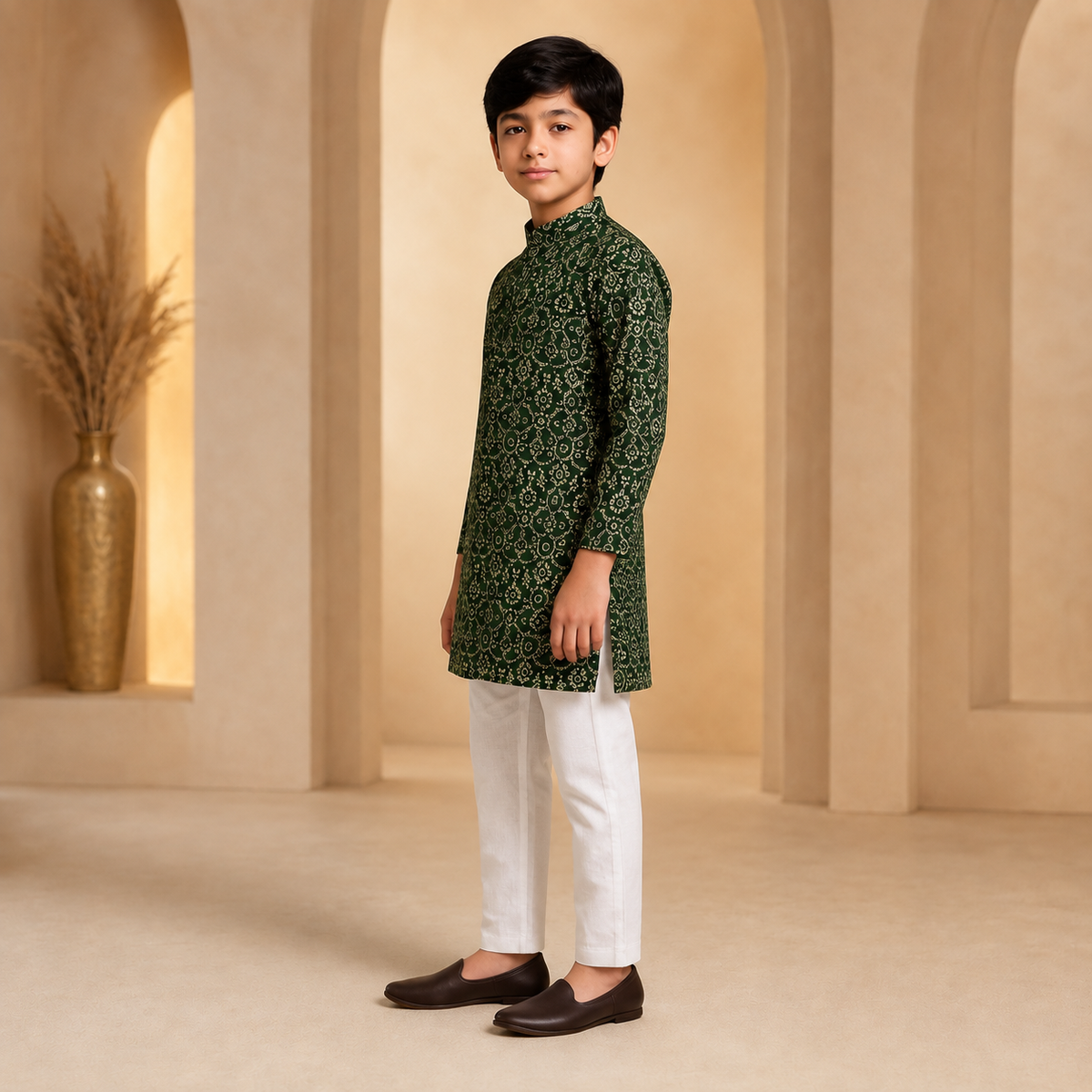 Festive green printed boys kurta pajama set – side view