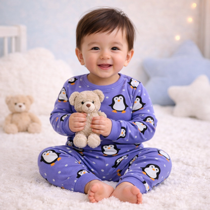 Firozi Blue penguin print baby lounge set front view