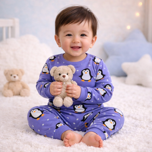 Firozi Blue penguin print baby lounge set front view