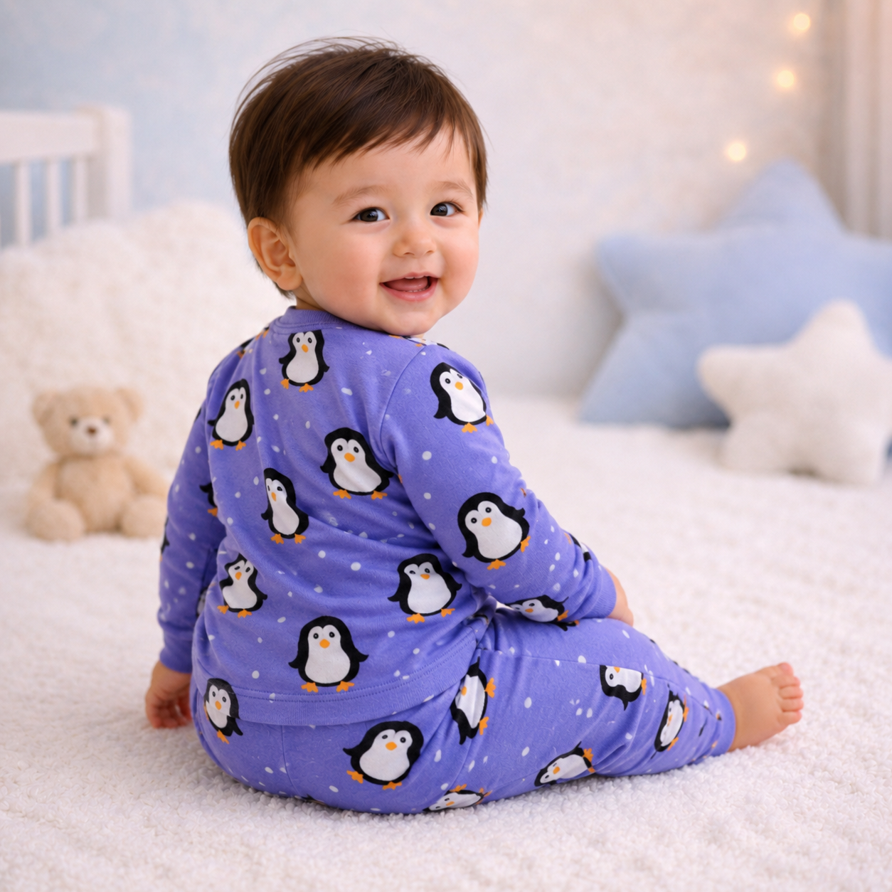 Firozi Blue penguin print baby lounge set rear view