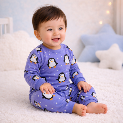 Firozi Blue penguin print baby lounge set side view