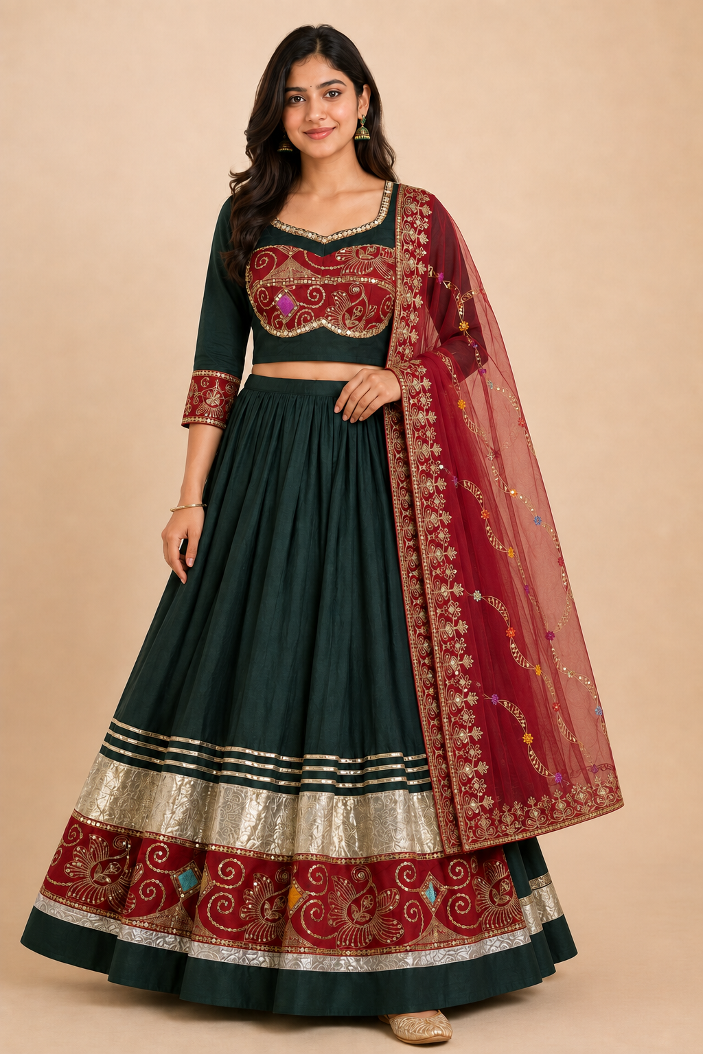 Forest green and crimson embroidered Chaniya Choli front view