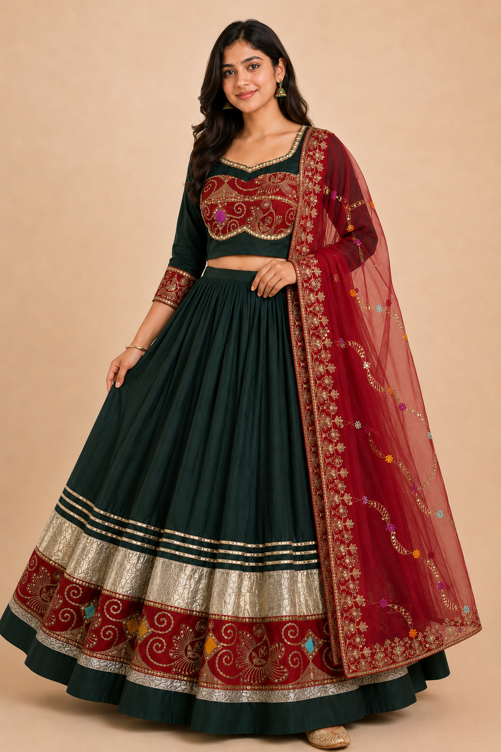 Forest green and crimson embroidered Chaniya Choli three-quarter view