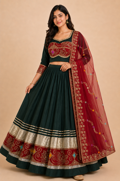 Forest green and crimson embroidered Chaniya Choli three-quarter view