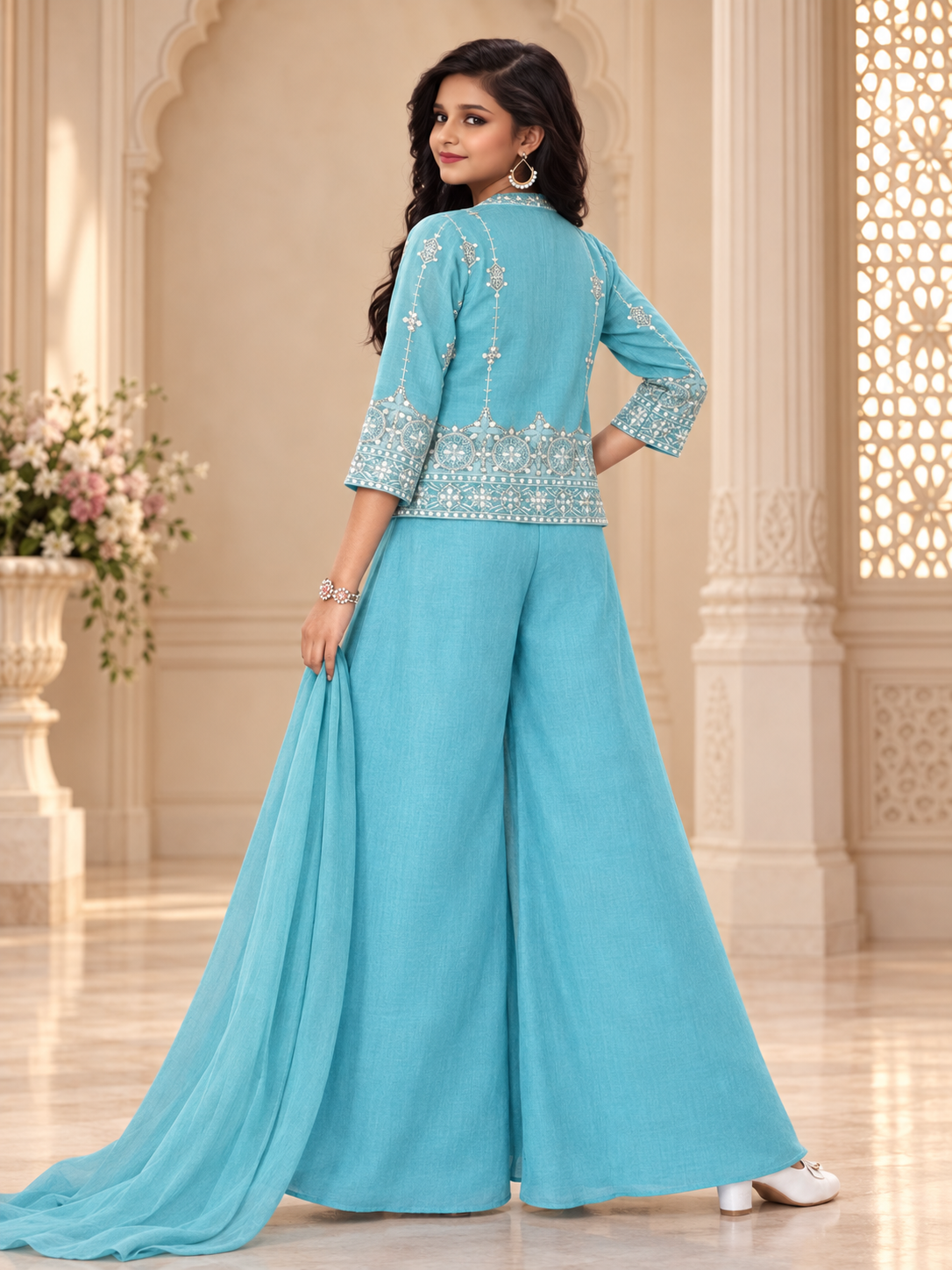 Girls Aqua Blue Embroidered Indo-Western Set – back view