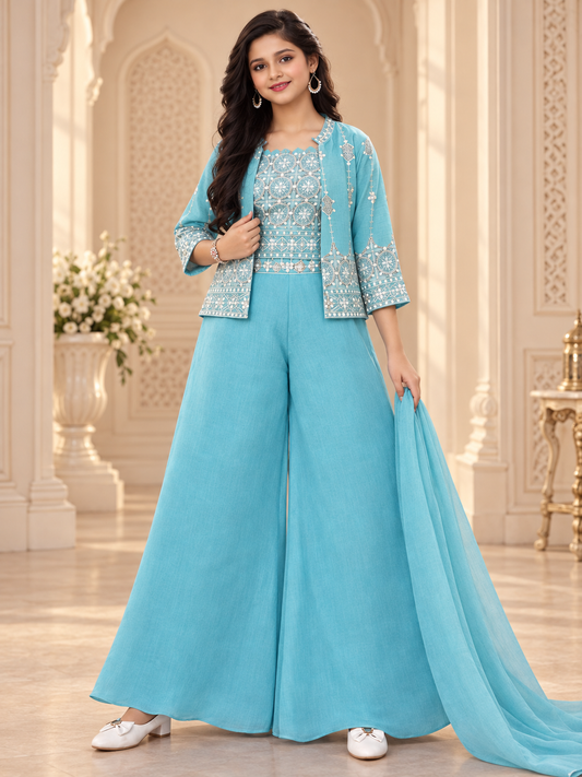 Girls Aqua Blue Embroidered Indo-Western Set – three-quarter front view