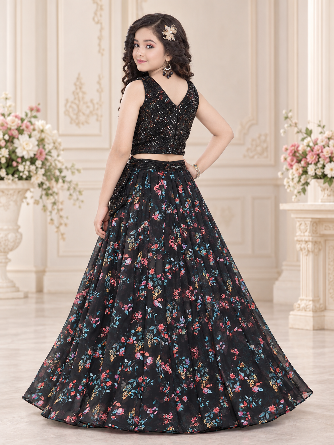 Girls Black Floral Indo-Western Lehenga Set – back view