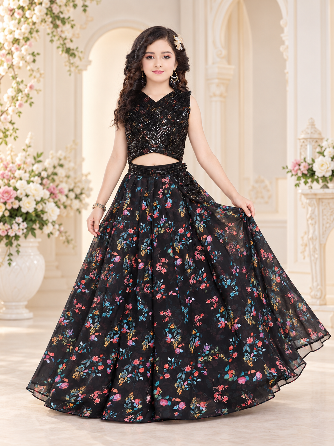 Girls Black Floral Indo-Western Lehenga Set – three-quarter front view