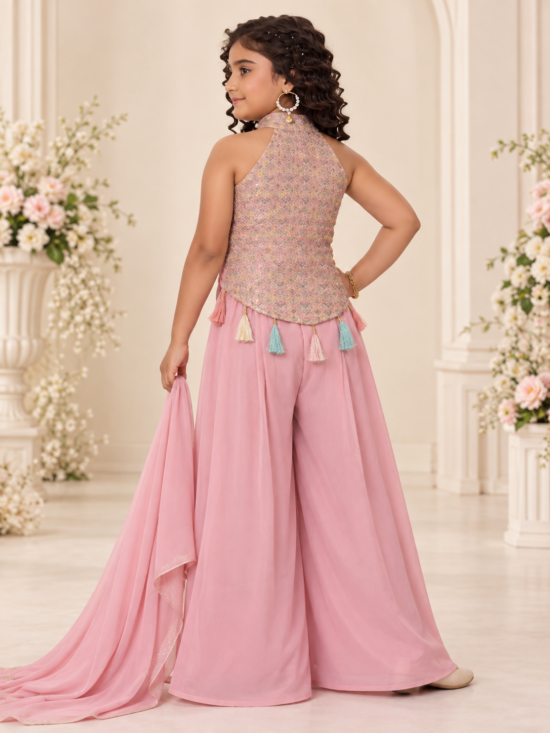 Girls Blush Pink Embellished Indo-Western Set – back view