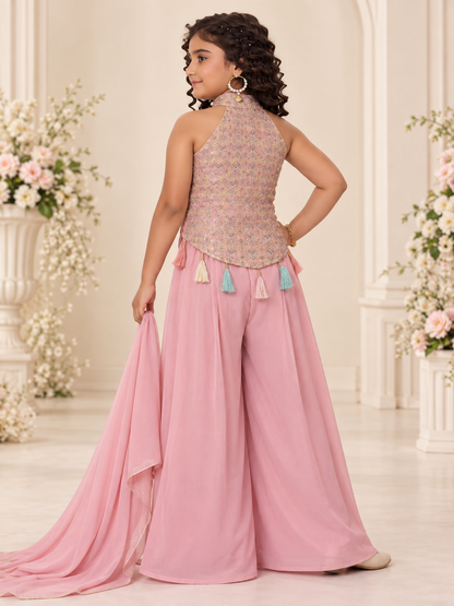Girls Blush Pink Embellished Indo-Western Set – back view