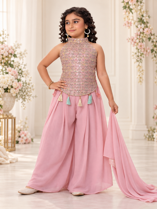 Girls Blush Pink Embellished Indo-Western Set – three-quarter front view