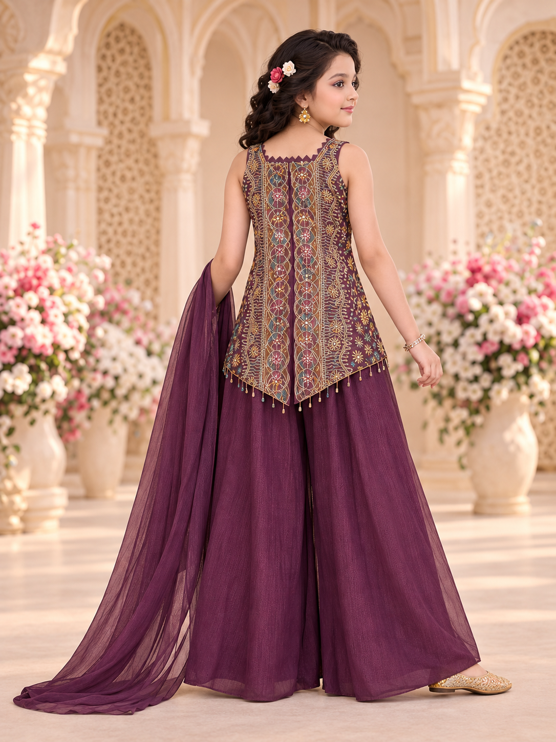Girls Dark Purple Indo-Western Palazzo Set – back view