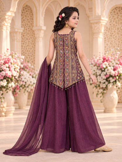 Girls Dark Purple Indo-Western Palazzo Set – back view