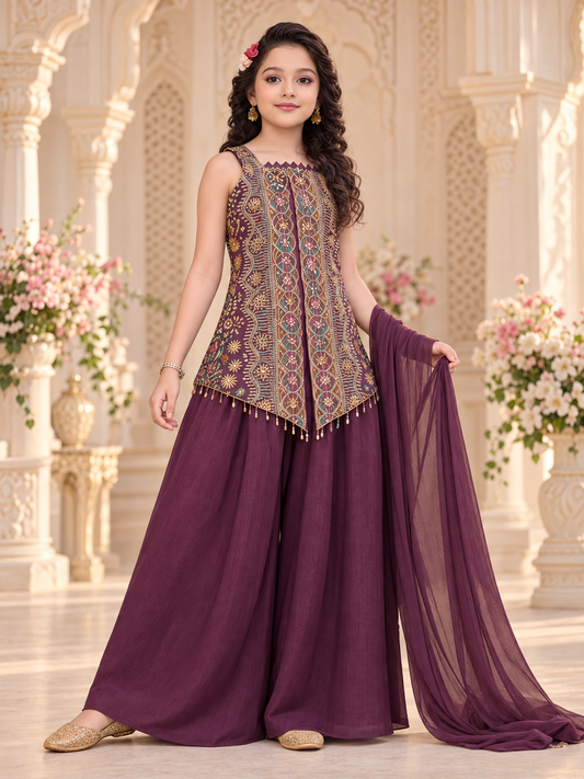 Girls Dark Purple Indo-Western Palazzo Set – three-quarter front view