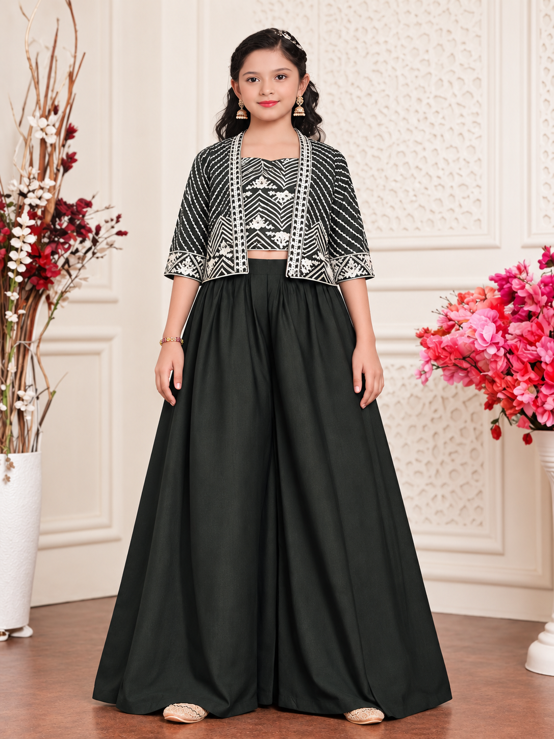 Girls Forest Green Indo-Western Palazzo Set – front view