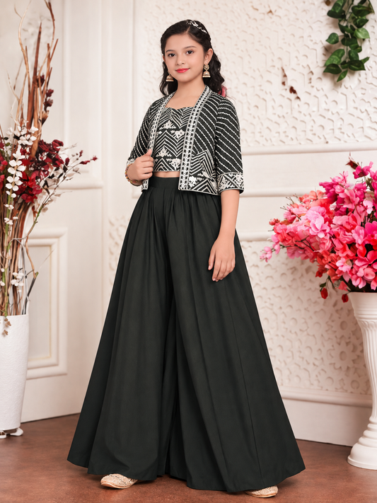 Girls Forest Green Indo-Western Palazzo Set – angled view