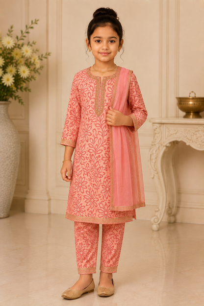 Girls light pink floral premium cotton Indian suit with matching pants and short dupatta - model view