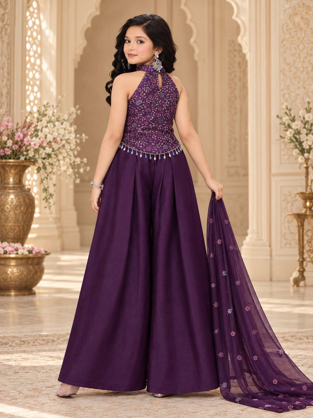 Girls Royal Plum Embroidered Indo-Western Set – back view