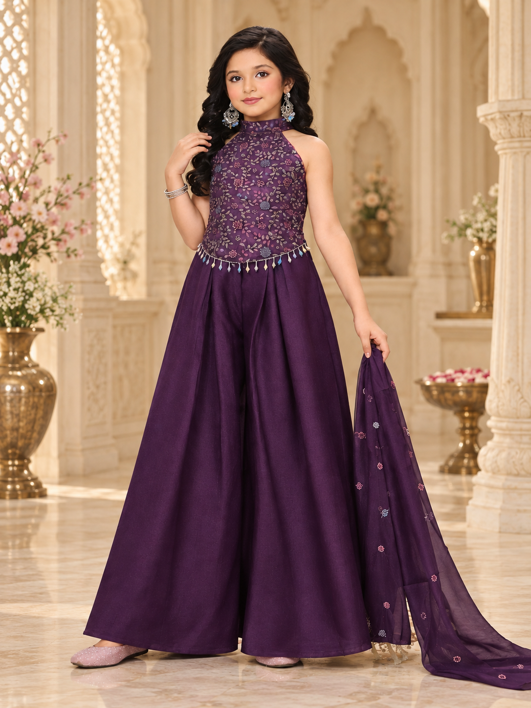 Girls Royal Plum Embroidered Indo-Western Set – three-quarter front view
