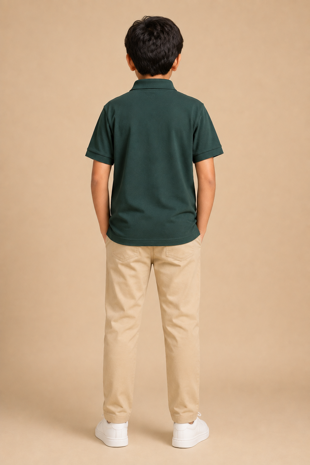 Boys forest green printed cotton polo T-shirt – back view