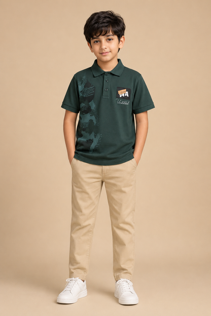 Boys forest green printed cotton polo T-shirt – front view