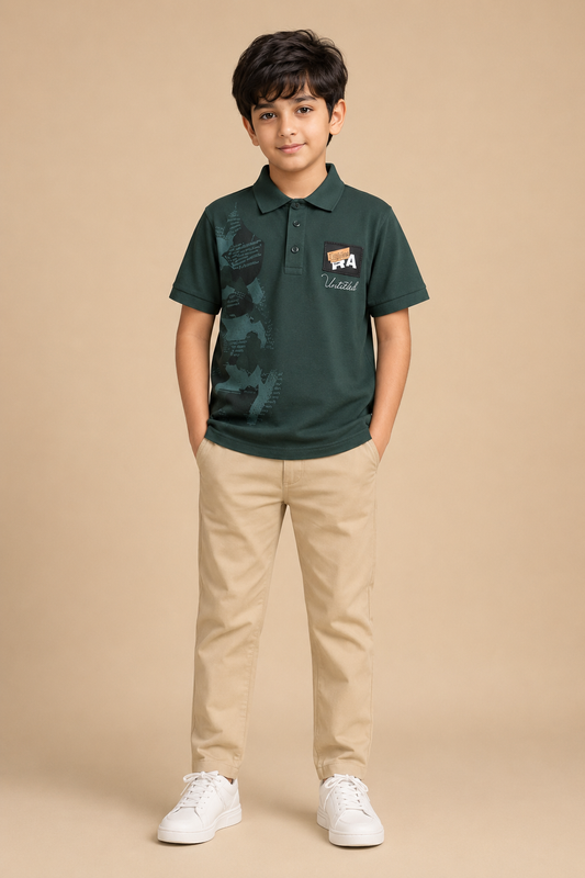 Boys forest green printed cotton polo T-shirt – front view