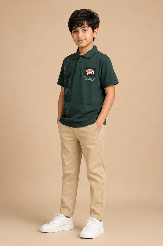 Boys forest green printed cotton polo T-shirt – side view
