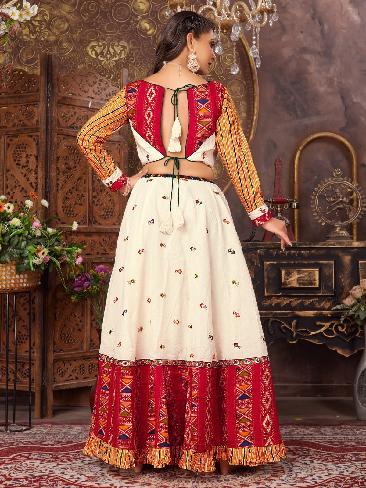 White Red cotton silk patch worked flared Lehenga Choli