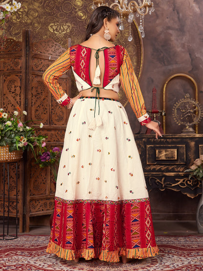 White Red cotton silk patch worked flared Lehenga Choli